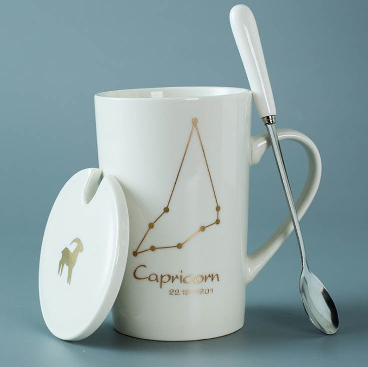 Ceramic Mugs 12 Constellations Creative Mugs with Spoon Lid Black and Gold Porcelain Zodiac Milk Coffee Cup Drinkware