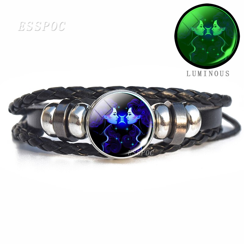 Luminous 12 Zodiac Signs Bracelet Men Women Punk Leather Bracelet Constellation Bracelet Zodiac Jewelry for Birthday Day Gift