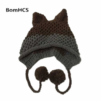 BomHCS Cute Fox Ears Beanie Winter Warm 100% Handmade Knit Hat