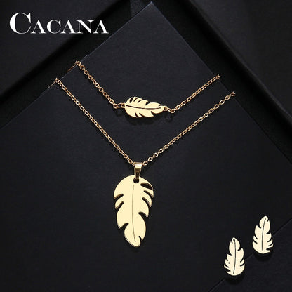 CACANA Stainless Steel Sets For Women Feather Shape Necklace Bracelet Earring Jewelry Lover&#39;s Engagement Jewelry