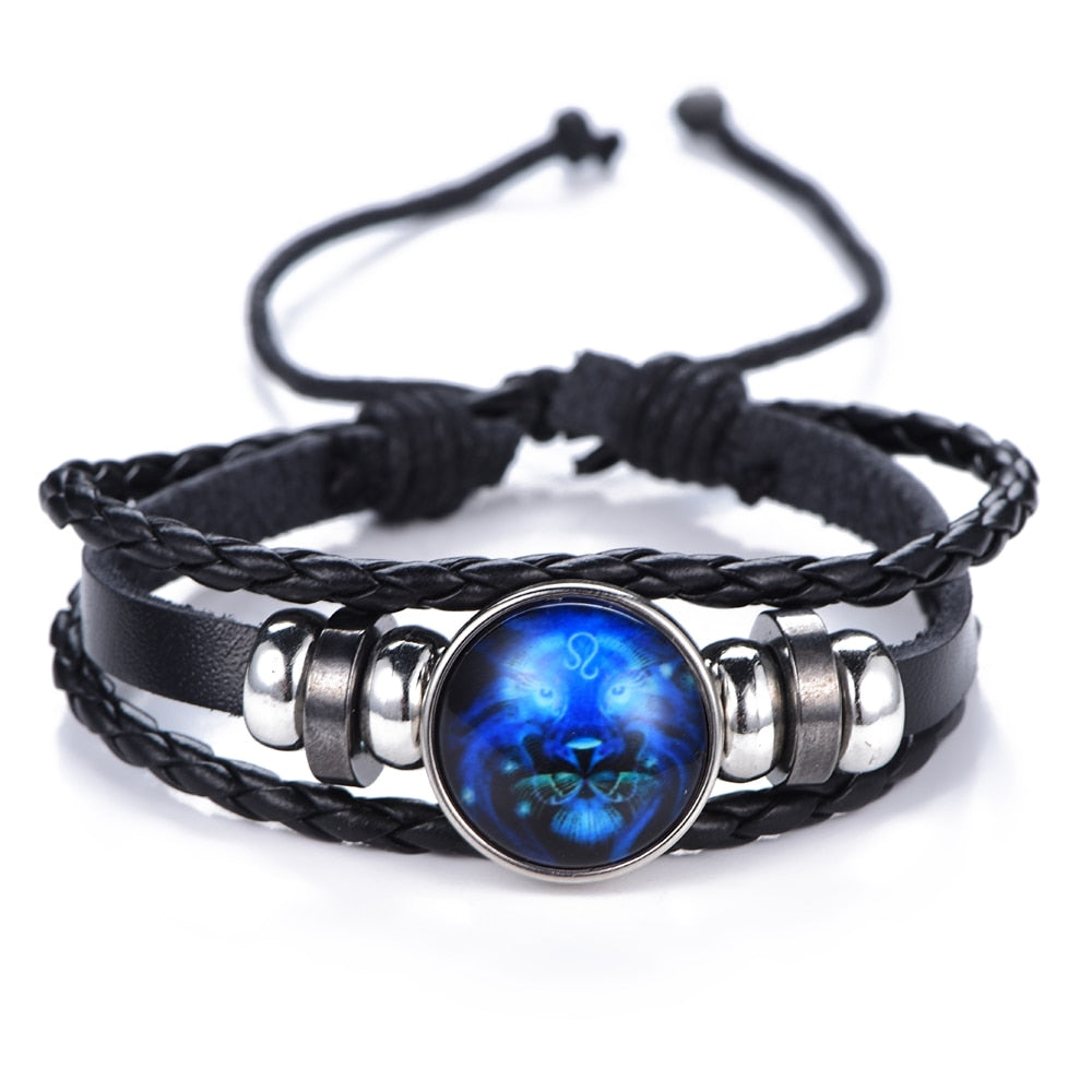 DropShipping Gemini Cancer Leo Virgo Libra Scorpio 12 Constellation Black punk Leather Bracelet Zodiac Bracelet for Men Women