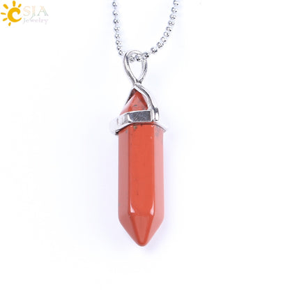 CSJA Real Raw Pink Purple Gem Crystals Necklace Hexagonal Bullet Reiki Chakra Natural Stone Necklace Pendant Women Jewelry E056