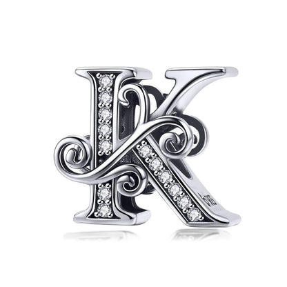 BAMOER 925 Sterling Silver Letter Vintage A to Z 26 Letter Charms Openwork CZ Alphabet Beads Fit Charm Bracelet BSC030