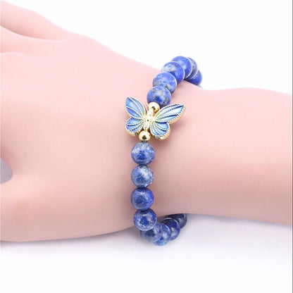 Lapis Natural Stone 8mm Bead Bracelet Butterfly Women Stretch Elastic Bracelet