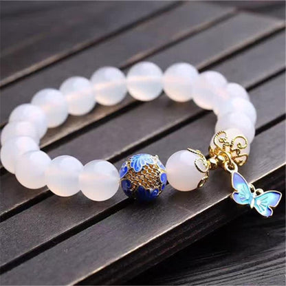 High Quantity 10mm beads White Agates natural stone bracelet women accessories metal butterfly pendant tasbih jewelry wholesale