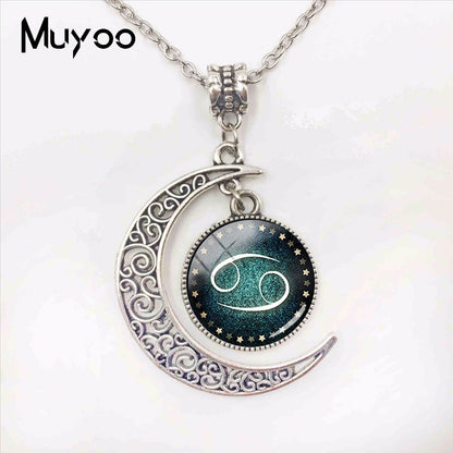 Handmade Fashion Jewelry 12 Zodiac Signs Moon Pendants Glass Dome Pisces Aquarius Zodiac Signs Jewelry Pendant Necklace