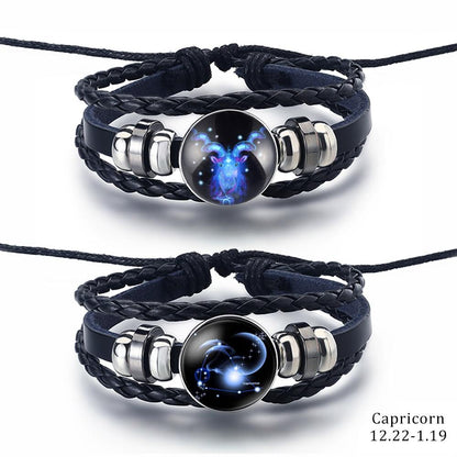 2PCS/Sets 12 Constellations Stainless Steel Leather Bracelet Charm 12 Zodiac Titanium Steel Bracelets Bangles Cuff Bracelet