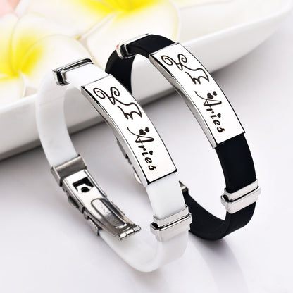 12 Constellations Signs Stainless Steel Bracelets Women Rubber Charm 12 Zodiac Casual Personality Cuff Bracelets for Women