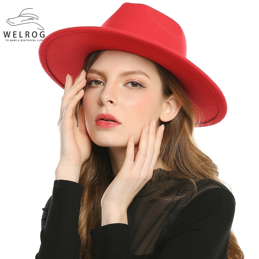 WELROG Black Red Fedora Hats For Women Imitation Wool Fedoras Panama Felt Hat Winter Men Jazz Hats Trilby Chapeau Femme Caps