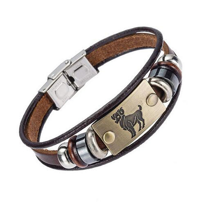 Drop Shipping Hot Fashion 12 Zodiac Signs Bracelet for Men Women Stainless Steel Clasps Genuine Leather Bracelet Men Jewelry