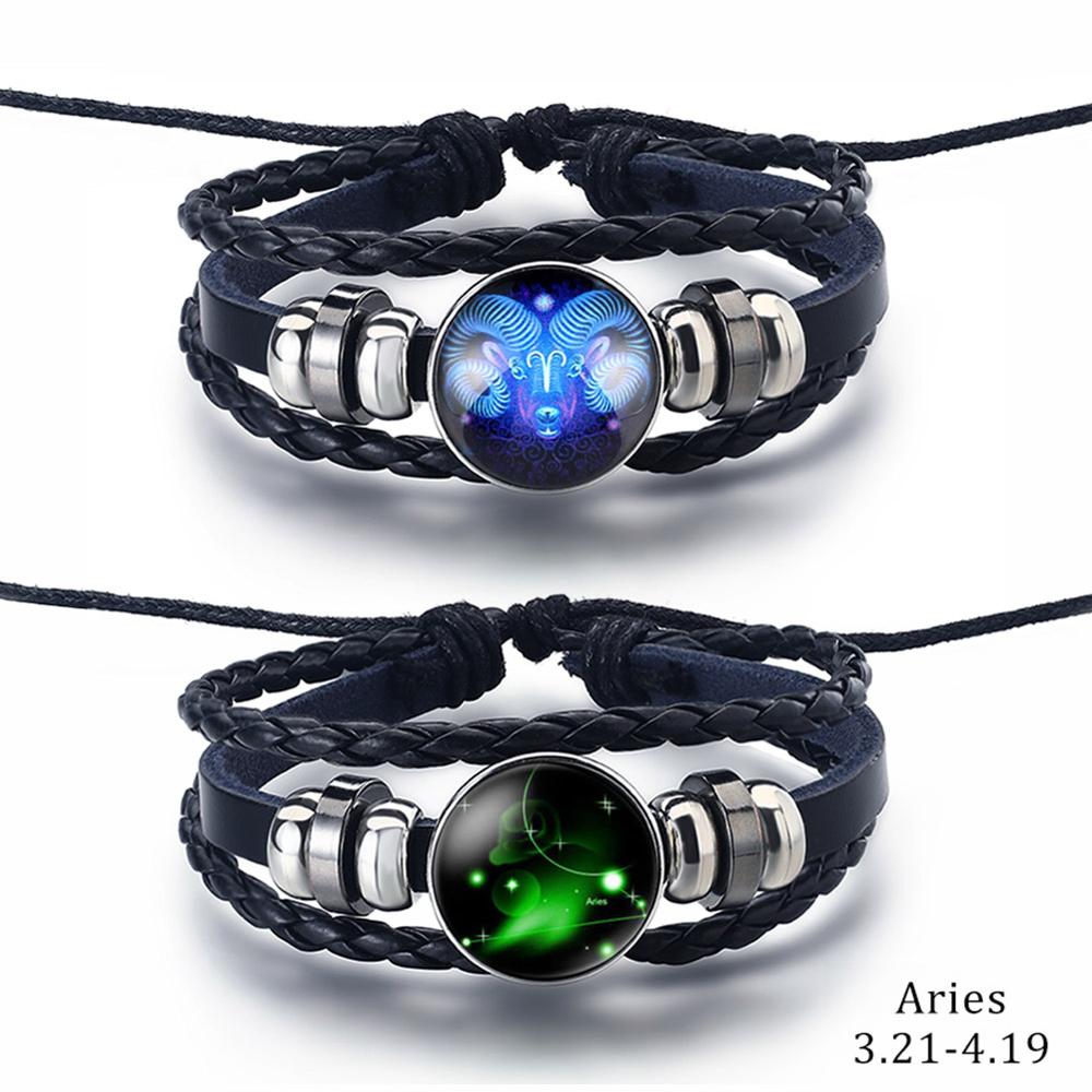 2PCS/Sets 12 Constellations Stainless Steel Leather Bracelet Charm 12 Zodiac Titanium Steel Bracelets Bangles Cuff Bracelet