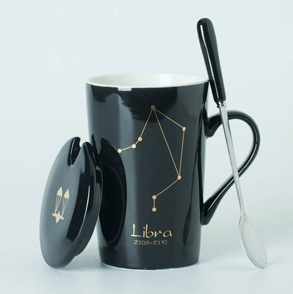 Ceramic Mugs 12 Constellations Creative Mugs with Spoon Lid Black and Gold Porcelain Zodiac Milk Coffee Cup Drinkware