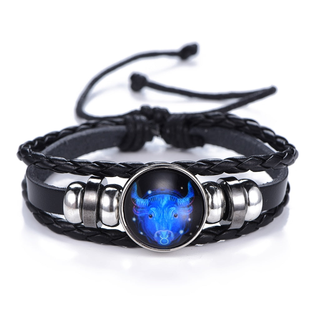 DropShipping Gemini Cancer Leo Virgo Libra Scorpio 12 Constellation Black punk Leather Bracelet Zodiac Bracelet for Men Women