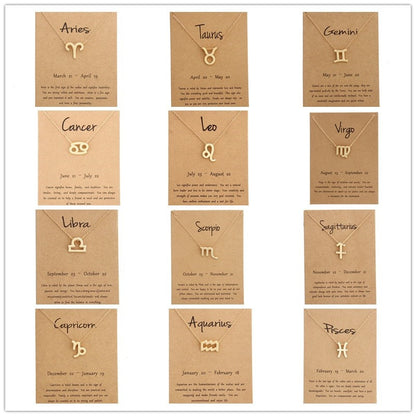 12 Zodiac Sign Necklaces With Cardboard Constellations Pendant Gold Color Chains Choker For Women Birthday Fashion Jewelry