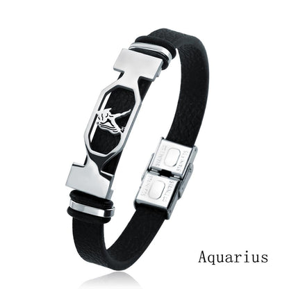 12 Constellation Stainless Steel Cuff Bracelet Men Women Zodiac Sign Black Leather Wrap Bracelet Jewelry Pulseras Hombre