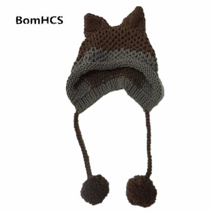 BomHCS Cute Fox Ears Beanie Winter Warm 100% Handmade Knit Hat