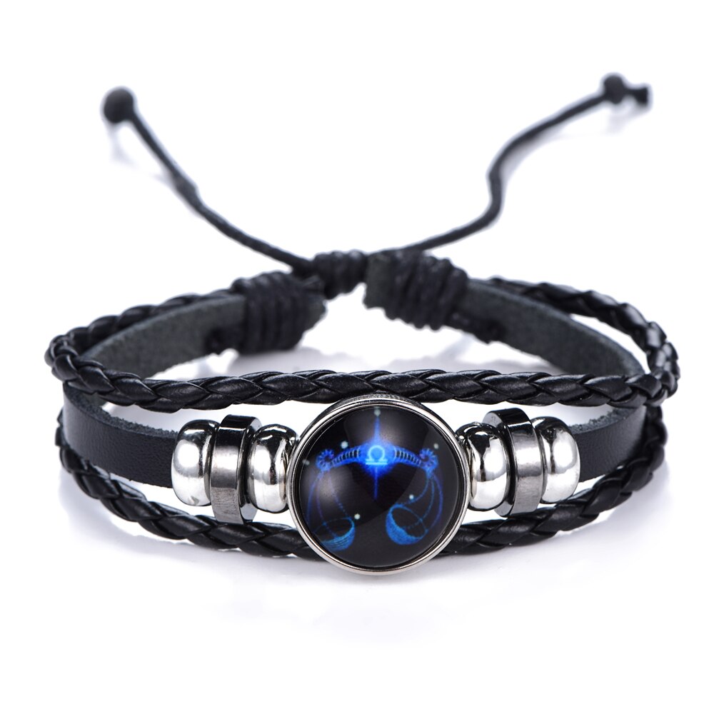 DropShipping Gemini Cancer Leo Virgo Libra Scorpio 12 Constellation Black punk Leather Bracelet Zodiac Bracelet for Men Women