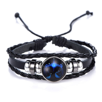 DropShipping Gemini Cancer Leo Virgo Libra Scorpio 12 Constellation Black punk Leather Bracelet Zodiac Bracelet for Men Women