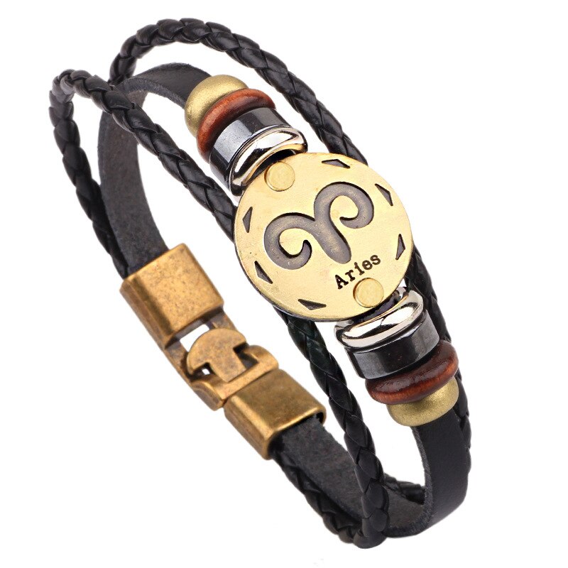 MNWT Fashionable Bronze Alloy Buckles Zodiac Signs Bracelet Men Casual Personality Lover Charm Jewelry Leather Punk Bracelets