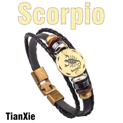 MNWT Fashionable Bronze Alloy Buckles Zodiac Signs Bracelet Men Casual Personality Lover Charm Jewelry Leather Punk Bracelets