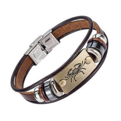 Drop Shipping Hot Fashion 12 Zodiac Signs Bracelet for Men Women Stainless Steel Clasps Genuine Leather Bracelet Men Jewelry