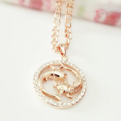 585 Rose Gold Color Women Enamel Round Cubic Zircon 12 Zodiac Pendants Constellation Jewelry