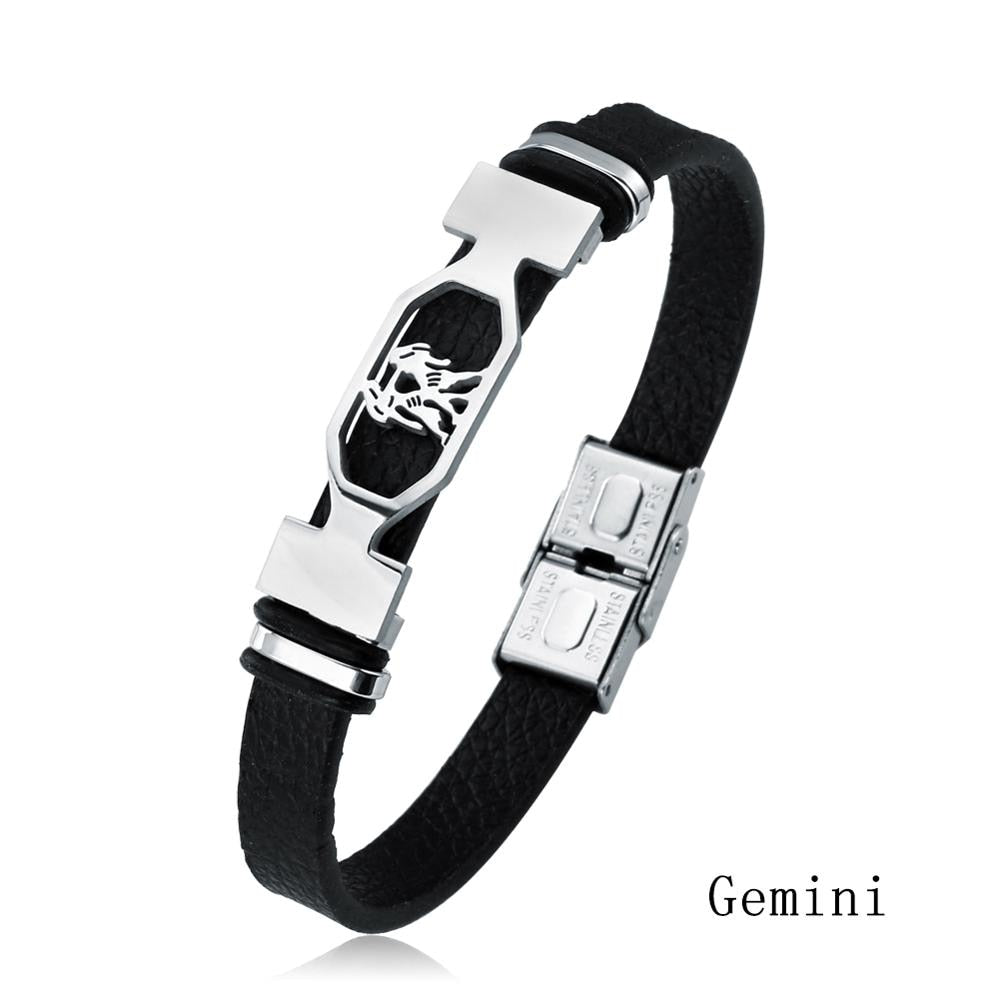 12 Constellation Stainless Steel Cuff Bracelet Men Women Zodiac Sign Black Leather Wrap Bracelet Jewelry Pulseras Hombre