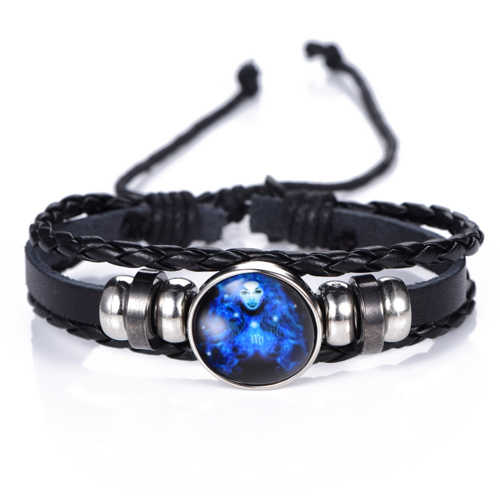 DropShipping Gemini Cancer Leo Virgo Libra Scorpio 12 Constellation Black punk Leather Bracelet Zodiac Bracelet for Men Women