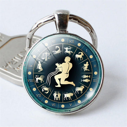 Time 12 Constellation Jewelry Key Chains Zodiac Signs Keychain Key Rings Bag Car Round Glass Cabochon Pendant Man Woman Gift