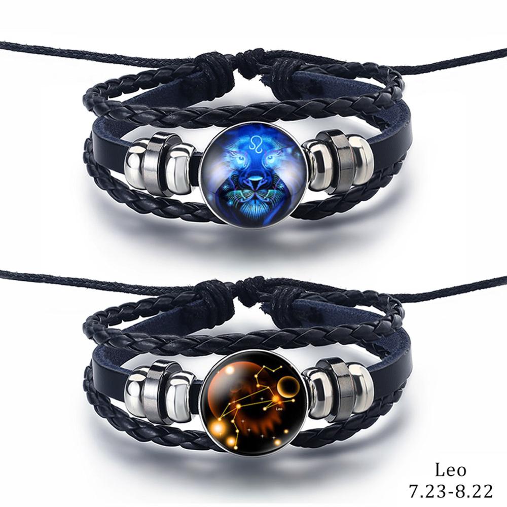 2PCS/Sets 12 Constellations Stainless Steel Leather Bracelet Charm 12 Zodiac Titanium Steel Bracelets Bangles Cuff Bracelet