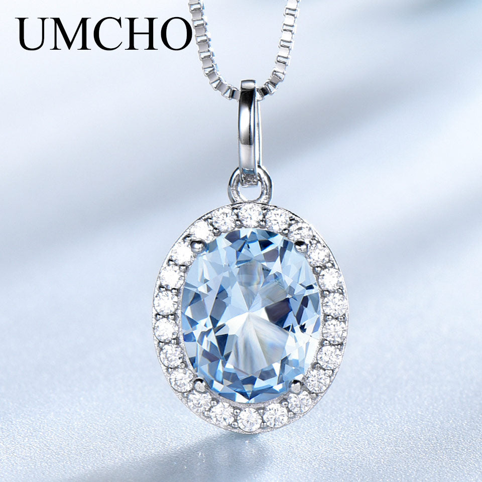 UMCHO Sky Blue Topaz Gemstone Pendants Necklaces for Women 925 Sterling Sliver Oval Romantic Wedding Gift Valentine's Jewelry