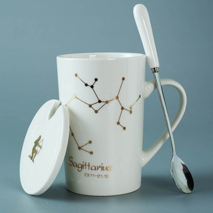 Ceramic Mugs 12 Constellations Creative Mugs with Spoon Lid Black and Gold Porcelain Zodiac Milk Coffee Cup Drinkware