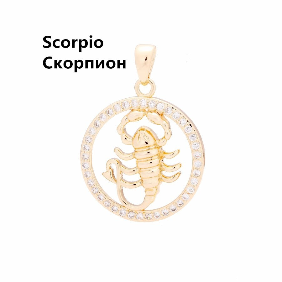 585 Rose Gold Color Women Men Round Cubic Zircon 12 Zodiac Pendants Constellation Jewelry