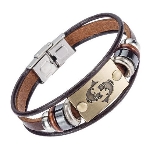 Drop Shipping Hot Fashion 12 Zodiac Signs Bracelet for Men Women Stainless Steel Clasps Genuine Leather Bracelet Men Jewelry