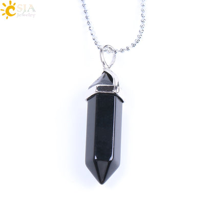 CSJA Real Raw Pink Purple Gem Crystals Necklace Hexagonal Bullet Reiki Chakra Natural Stone Necklace Pendant Women Jewelry E056