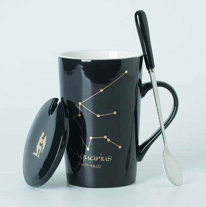 Ceramic Mugs 12 Constellations Creative Mugs with Spoon Lid Black and Gold Porcelain Zodiac Milk Coffee Cup Drinkware