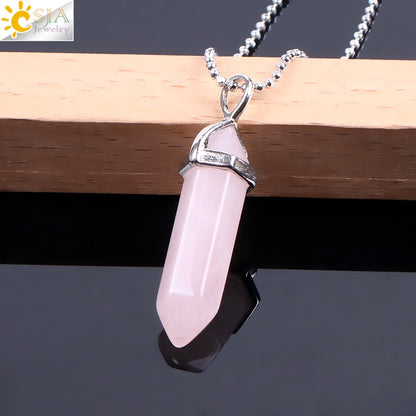 CSJA Real Raw Pink Purple Gem Crystals Necklace Hexagonal Bullet Reiki Chakra Natural Stone Necklace Pendant Women Jewelry E056