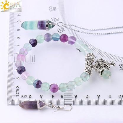 CSJA Reiki Natural Stone Jewelry Set for Women Men Fluorite Bracelet Hexagonal Bullet Shape Necklace Purple Crystal Earring F644