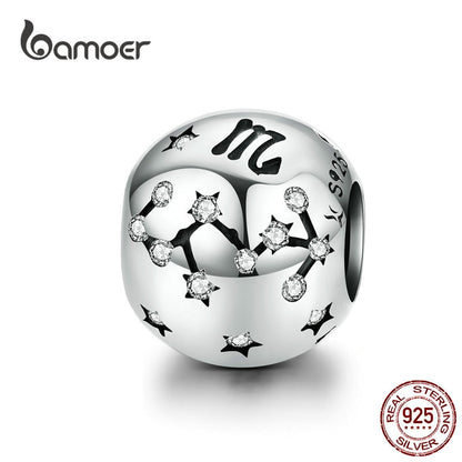 BAMOER Vintage 925 Sterling Silver Twelve Constellations Star Sign Zodiac Beads Charms fit Charm Bracelet Neckalce DIY