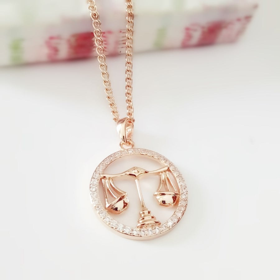 585 Rose Gold Color Women Men Round Cubic Zircon 12 Zodiac Pendants Constellation Jewelry