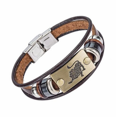 Drop Shipping Hot Fashion 12 Zodiac Signs Bracelet for Men Women Stainless Steel Clasps Genuine Leather Bracelet Men Jewelry