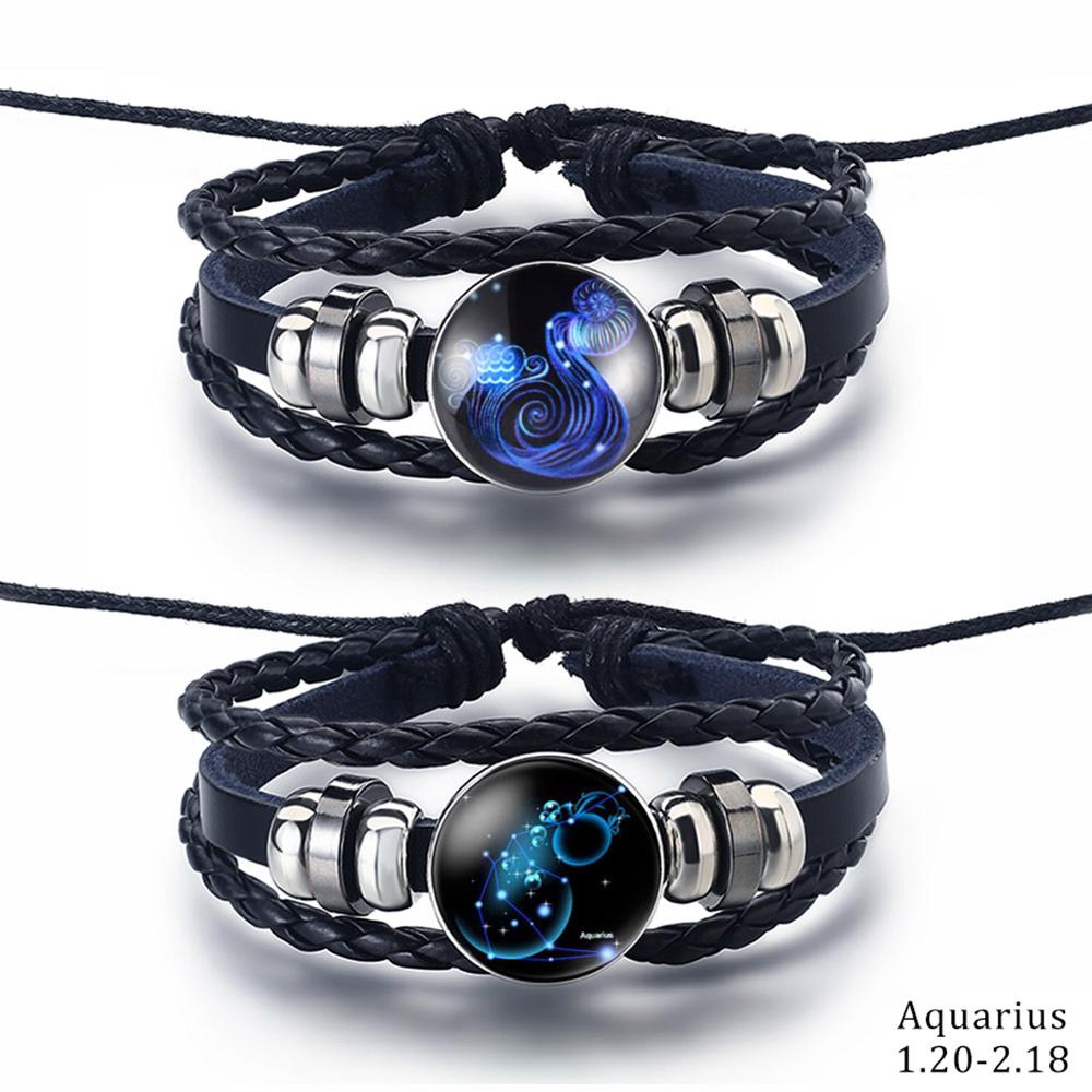 2PCS/Sets 12 Constellations Stainless Steel Leather Bracelet Charm 12 Zodiac Titanium Steel Bracelets Bangles Cuff Bracelet