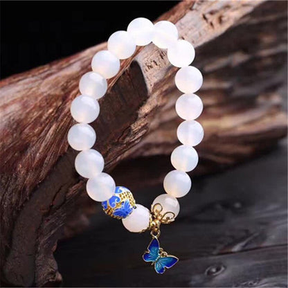 High Quantity 10mm beads White Agates natural stone bracelet women accessories metal butterfly pendant tasbih jewelry wholesale