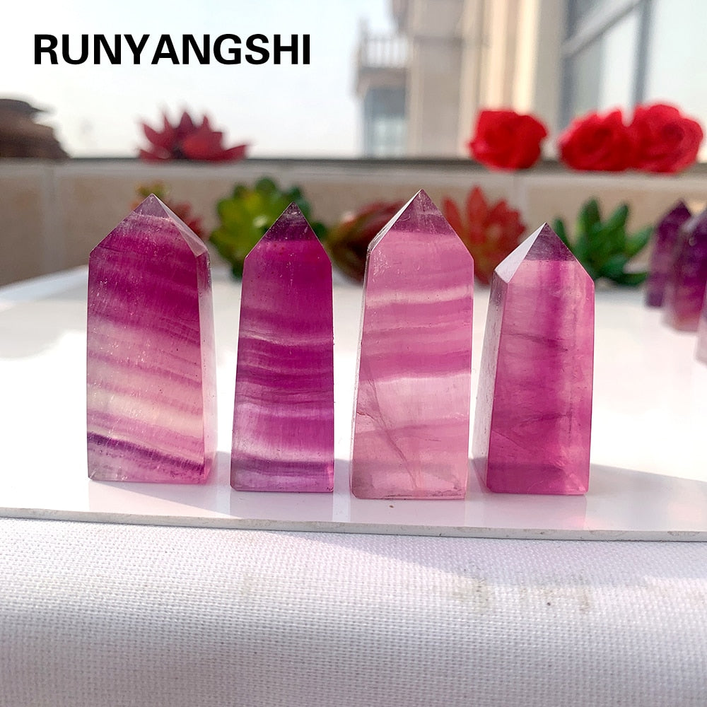 Striped Transparent Crystal Natural Pink Purple Fluorite Tetrahedral Column  Energy Gemstones Quartz Tower  Decor