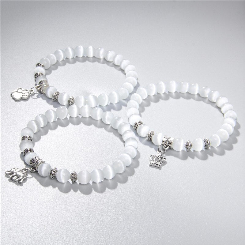 Fashion White Cat Eye Stone Beads Bracelet For Women Jewelry Men Animal Charm Bracelets Natural Stone Beaded Bracelets Shiny