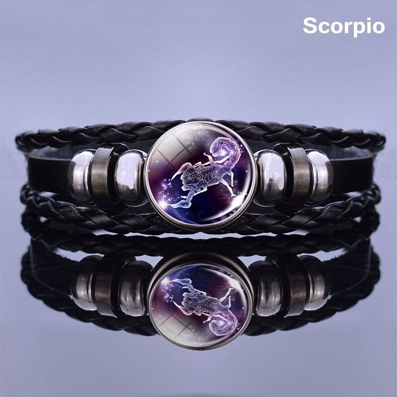 12 Zodiac Signs Glass Dome Leather Bracelet Fashion Jewelry for Couple Aries Taurus Leo Cancer Aquarius Pisces Bangle Bracelet