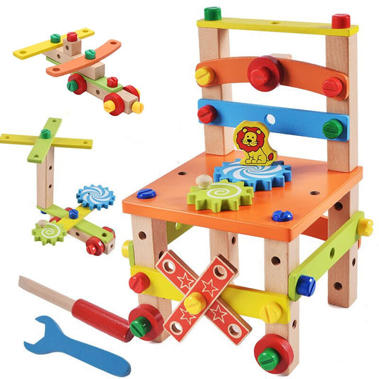 Wooden Assembling Chair Montessori Toys Baby Educational Wooden Blocks Toy Preschool Children Variety Nut Combination Chair Tool