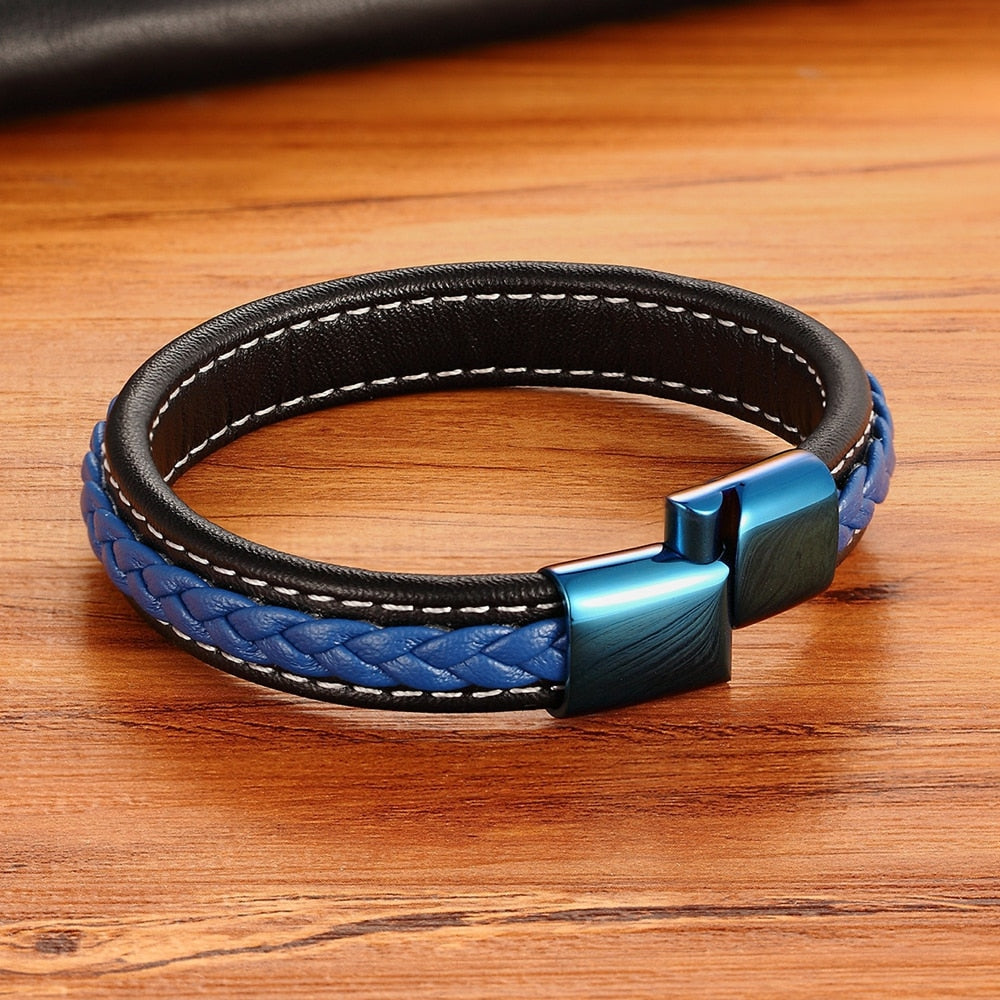 XQNI Classic Luxury Blue Color Leather Combination Stitching Blue Color Simple Buckle For Stainless Steel Leather Men&#39;s Bracelet