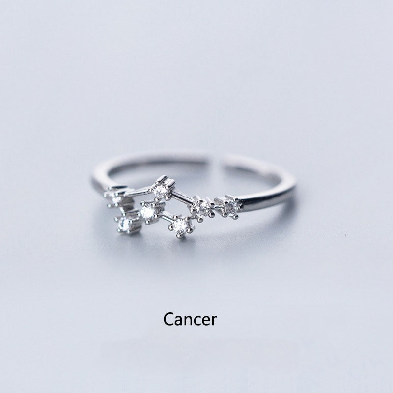 New Minimalist Inlaid Cubic Zircon 12 Constellation Zodiac Sign Rings for Women Simple Silver Color Adjustable Ring Jewelry Gift