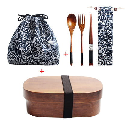 Wooden Lunch Box Picnic  Japanese Bento Box for School Kids Dinnerware Set with Bag&amp;Spoon Fork Chopsticks Round Square Lunch Box